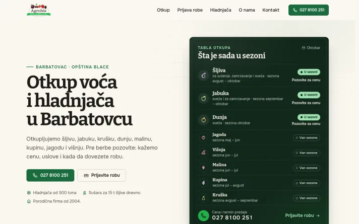 Demo predlog sajta: otkup voća i hladnjača, Barbatovac, Blace