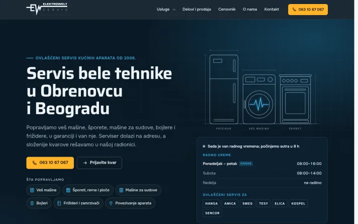 Demo predlog sajta: servis bele tehnike, Obrenovac