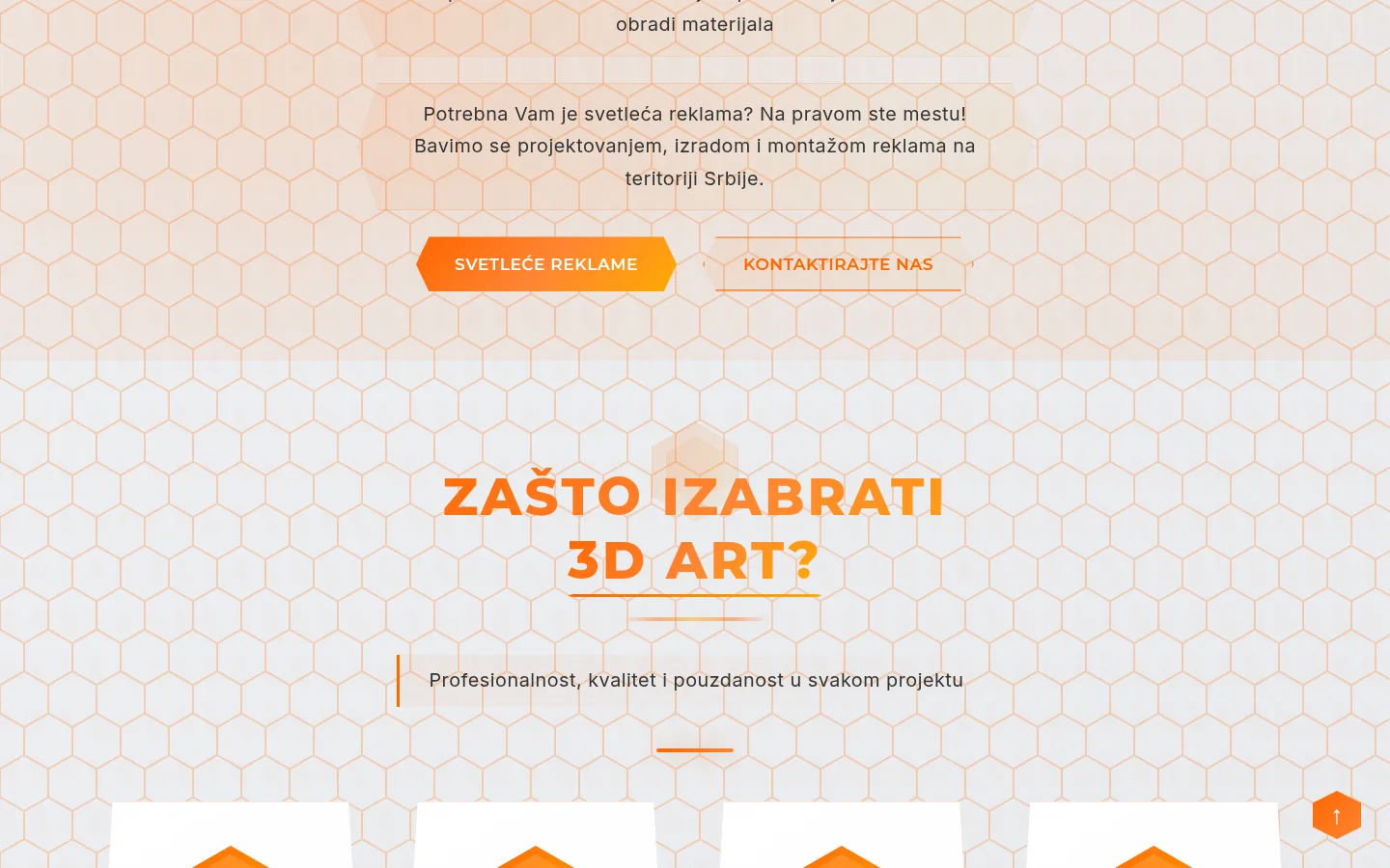 Dugmad ka svetlećim reklamama i kontaktu, iznad sekcije Zašto izabrati 3D Art