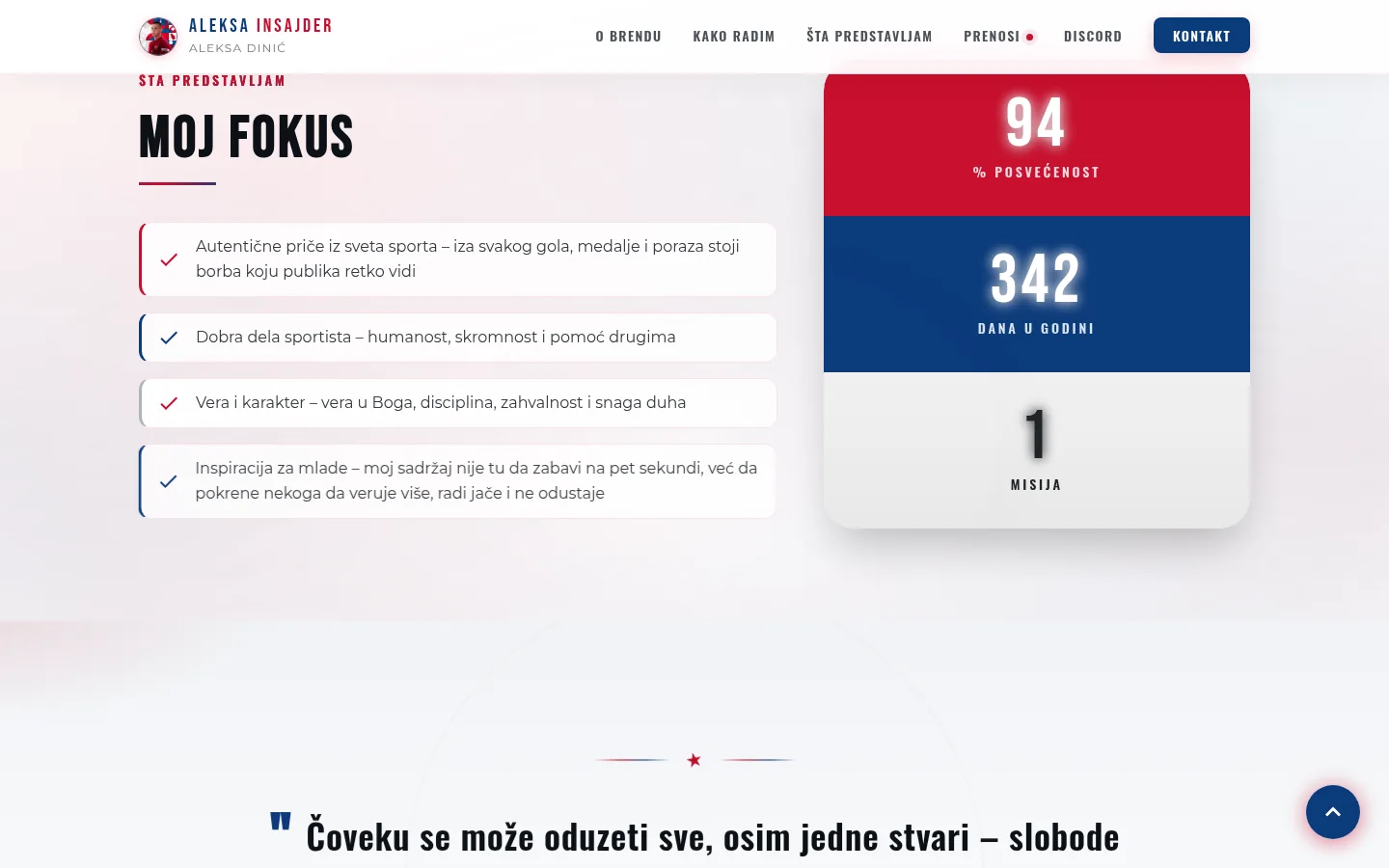 Sekcija Moj fokus i citat na sajtu Aleksa Insajder