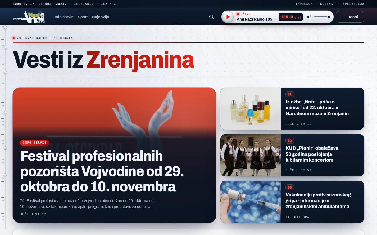 Naslovna strana portala Ami Naxi Radio 105 sa naslovom Vesti iz Zrenjanina i mozaikom vesti