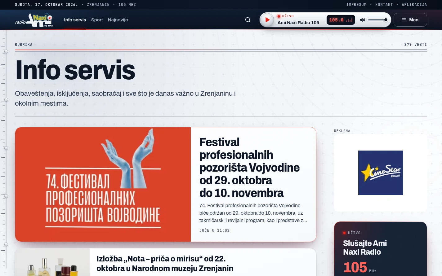 Rubrika Info servis na portalu Ami Naxi Radio 105 sa reklamom i plejerom uživo sa strane