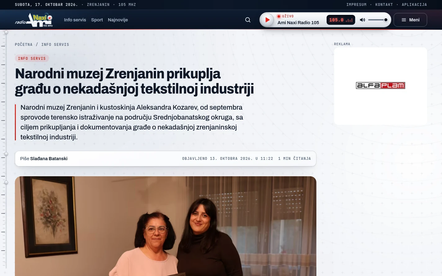 Vest na portalu Ami Naxi Radio 105 sa uvodom, autorkom i datumom objave