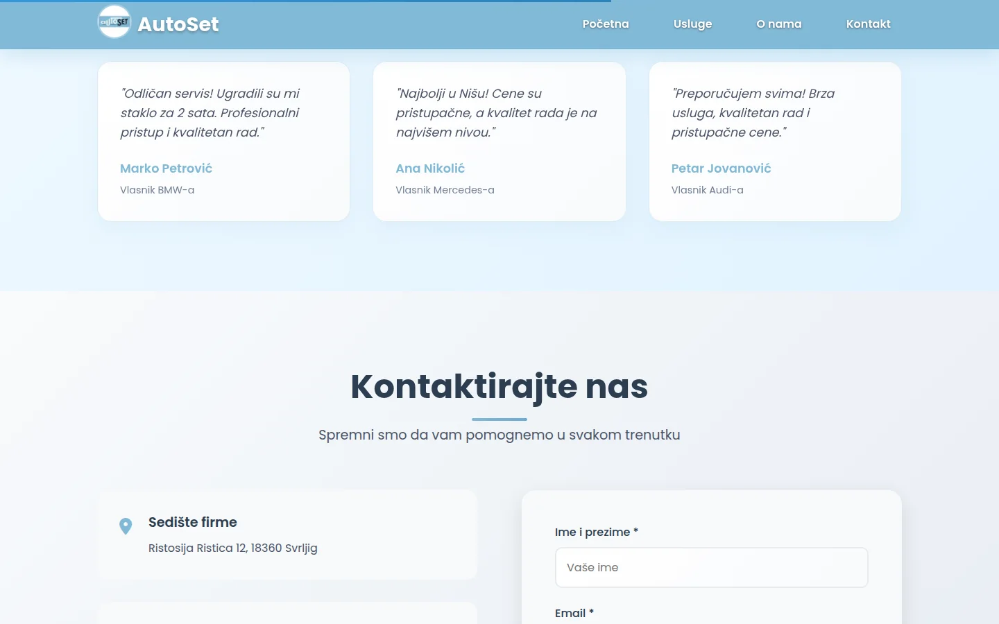 Preporuke klijenata i početak kontakt-forme na sajtu AutoSet