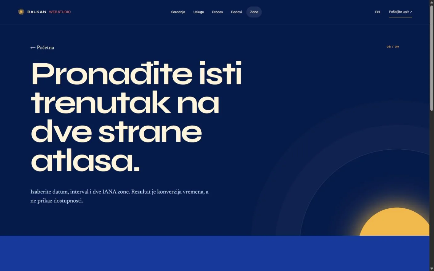 Unutrašnja strana Kalkulator vremenskih zona na sajtu Balkan Web Studio