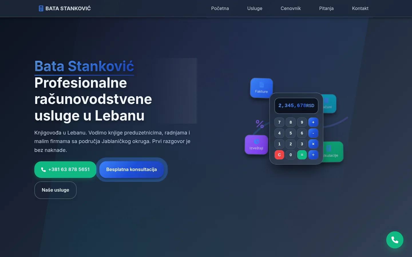 Naslovna strana sajta knjigovodstvene agencije Bata Stanković