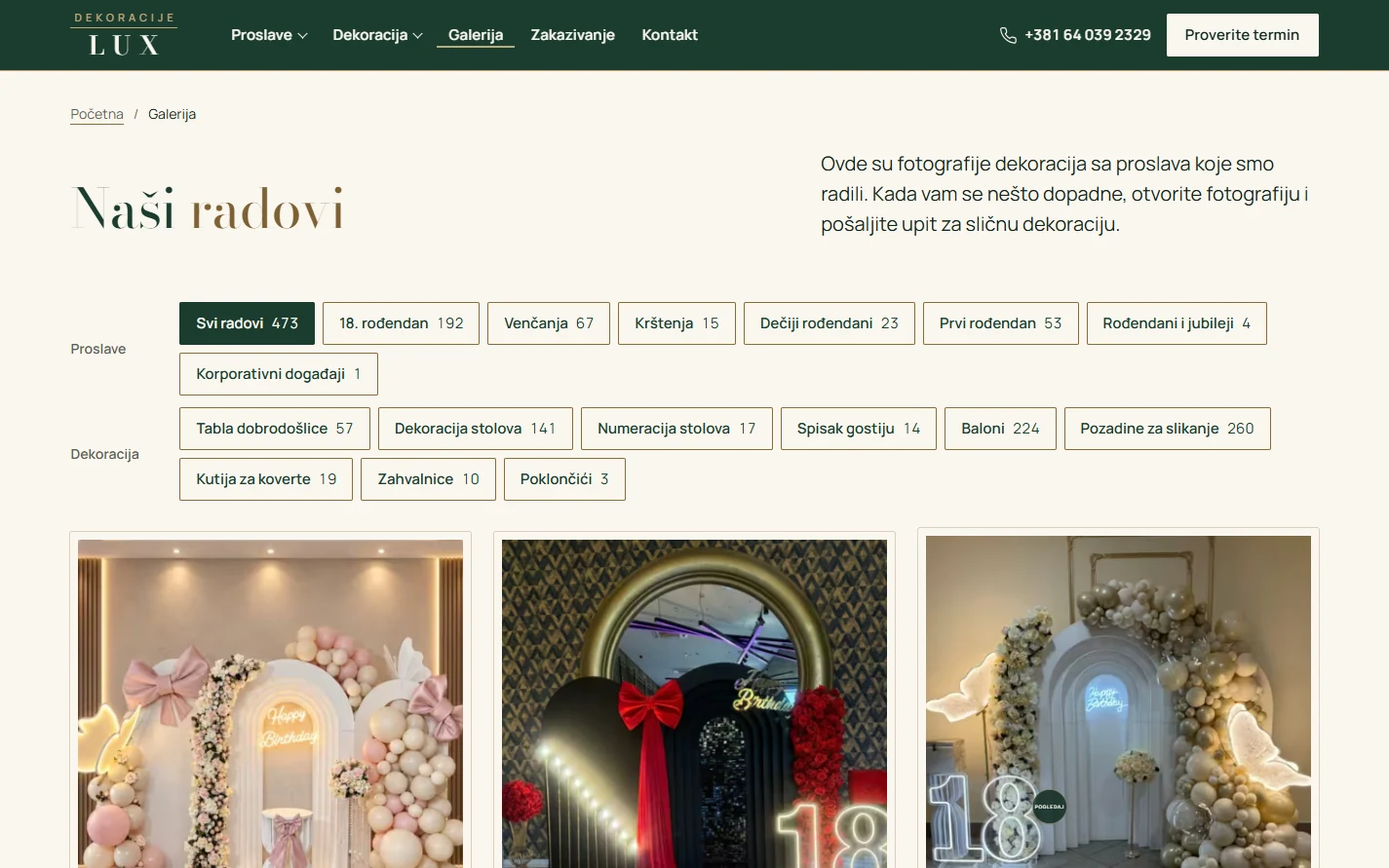 Galerija Dekoracije Lux sa filterima po proslavi i vrsti dekoracije
