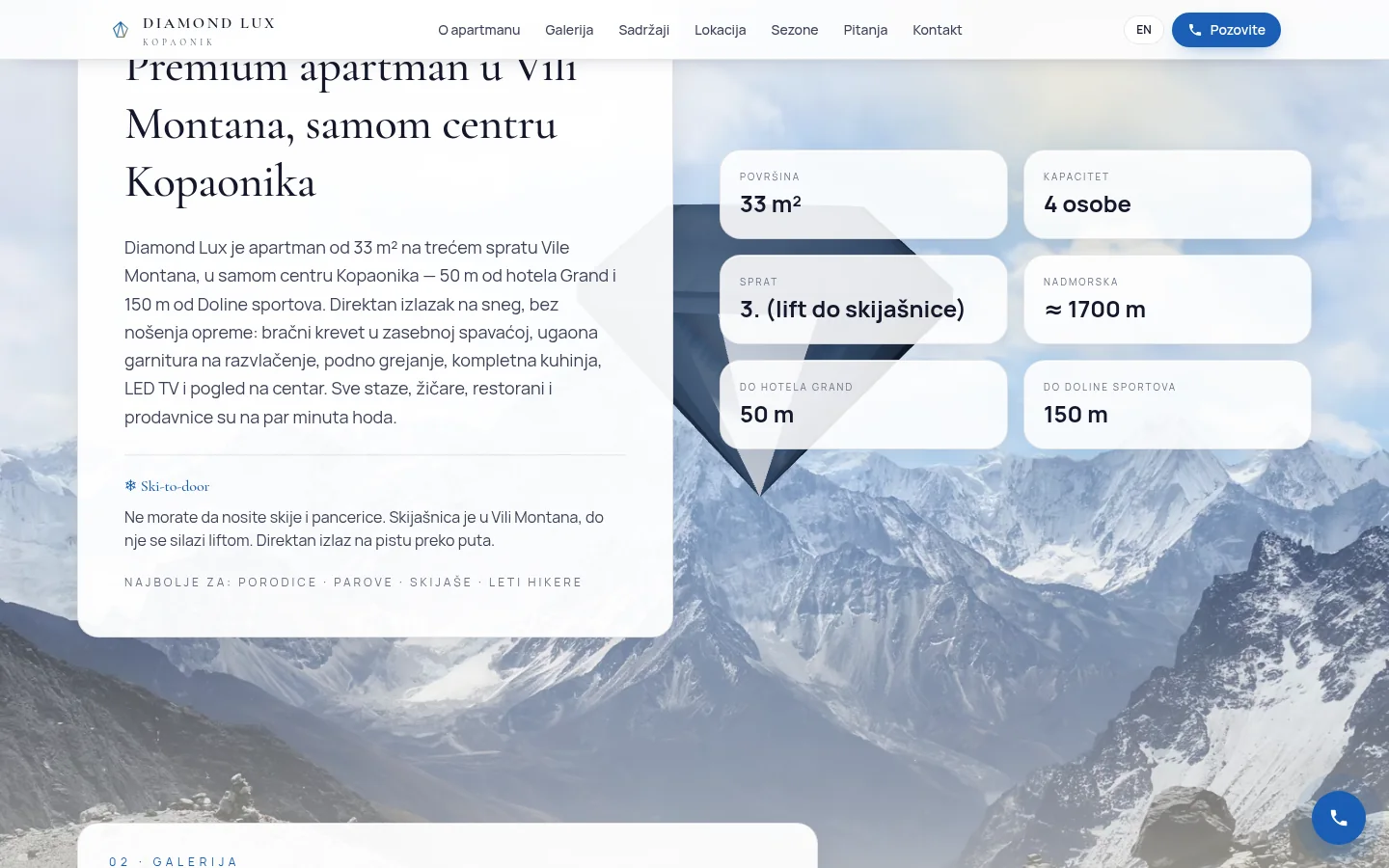 Odeljak o apartmanu Diamond Lux u Vili Montana sa oznakom ski-to-door