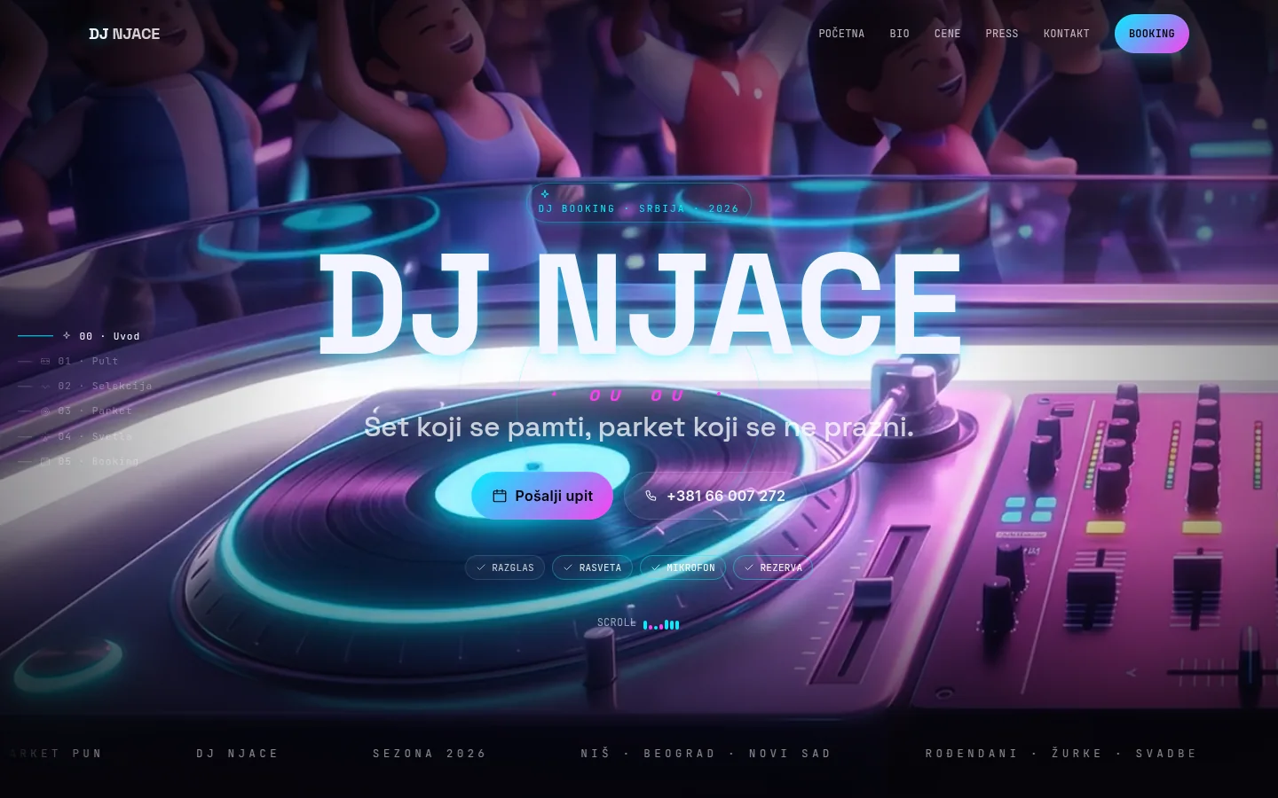 Naslovna strana sajta DJ Njace sa naslovom Set koji se pamti, parket koji se ne prazni
