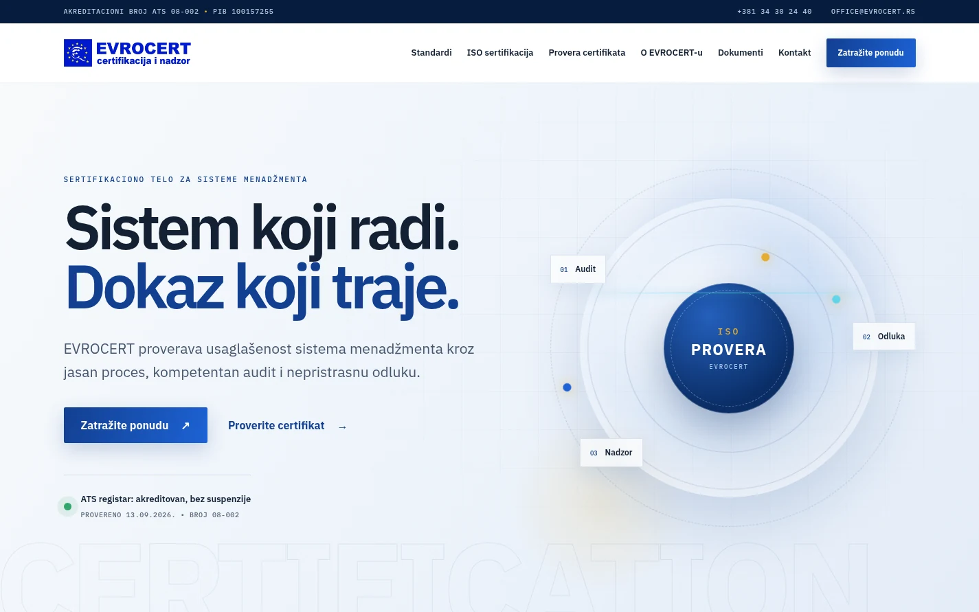 Naslovna strana sajta EVROCERT sa porukom Sistem koji radi, dokaz koji traje