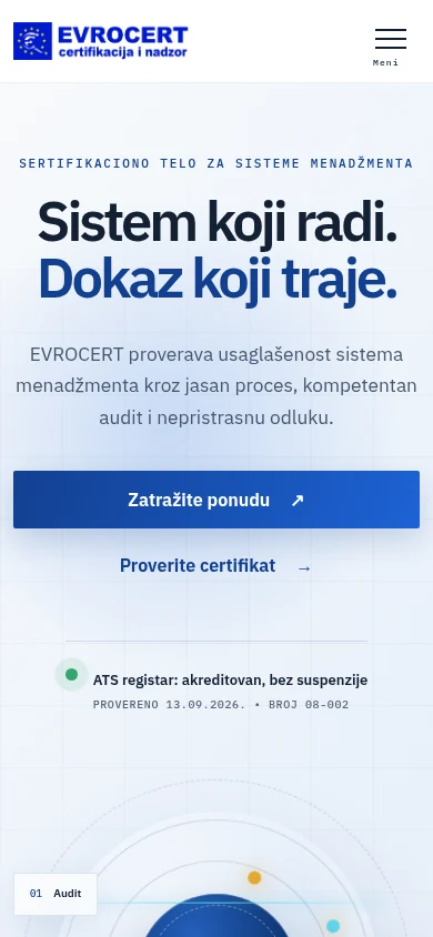 Naslovna strana sajta EVROCERT na telefonu