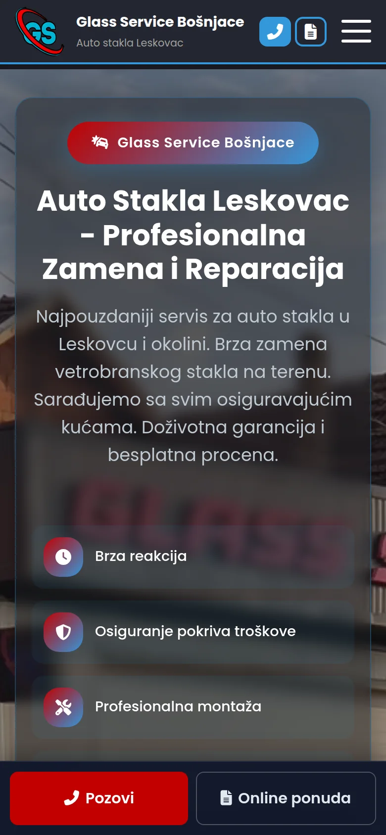 Sajt Glass Service Bošnjace na telefonu