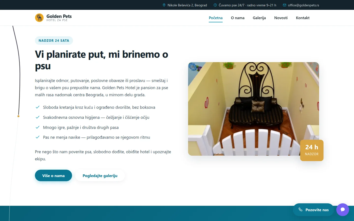 Sekcija o boravku psa u pansionu Golden Pets Hotel