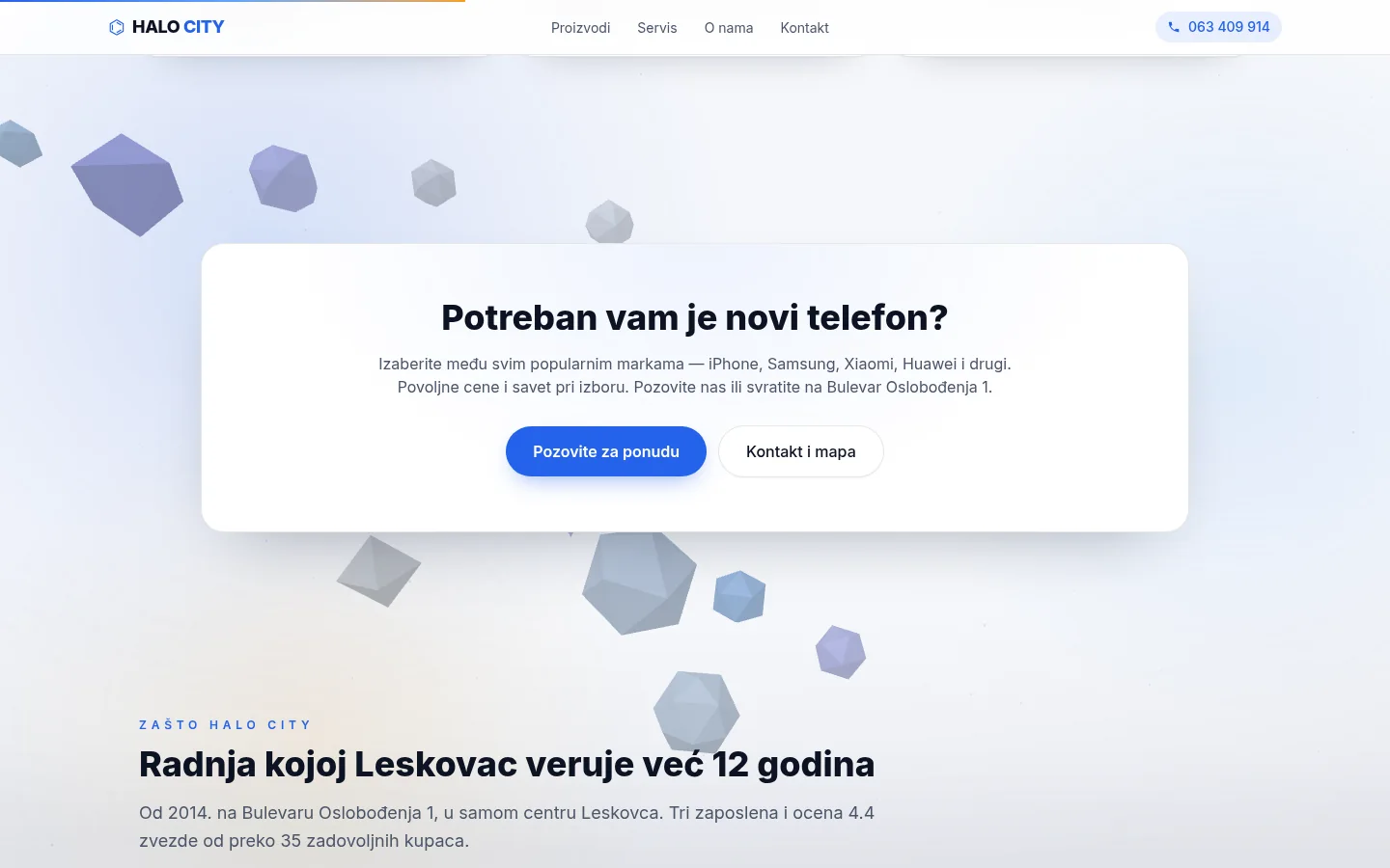 Sekcija sa uslugama i razlozima za poverenje na sajtu Halo City