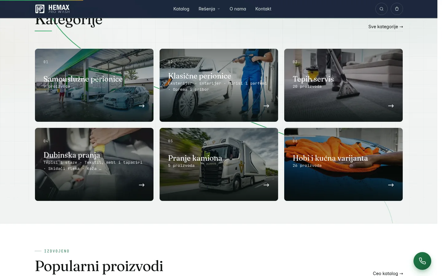 Kategorije i popularni proizvodi na sajtu Hemax Pro Wash