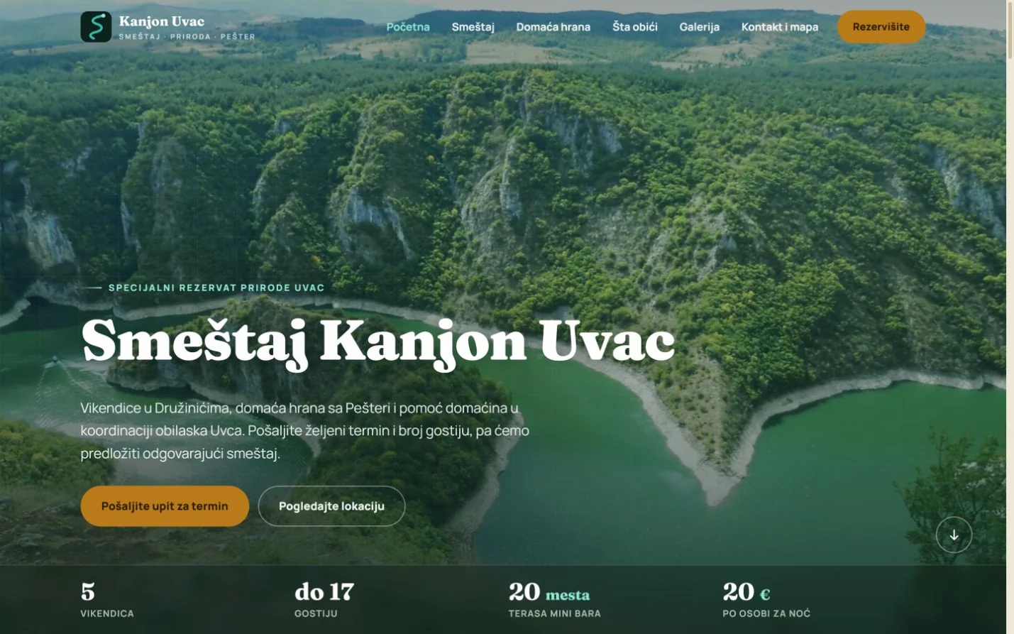 Naslovna strana smeštaja Kanjon Uvac sa pogledom na meandre