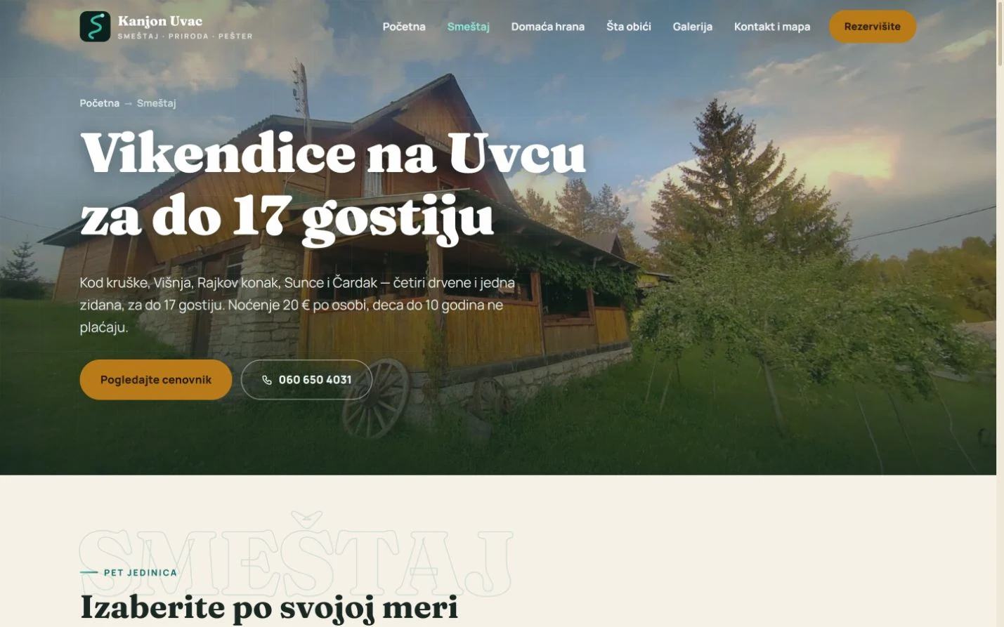 Kanjon Uvac, pregled vikendica i smeštajnih jedinica
