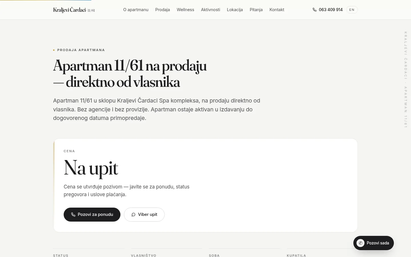 Odeljak o prodaji apartmana 11/61 sa cenom na upit