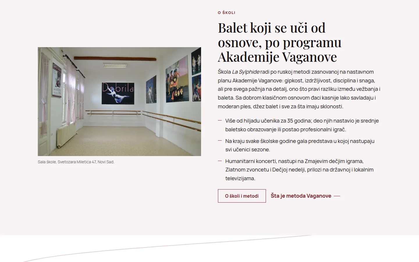 Sala baletske škole u Svetozara Miletića 47 i sekcija o metodi Vaganove