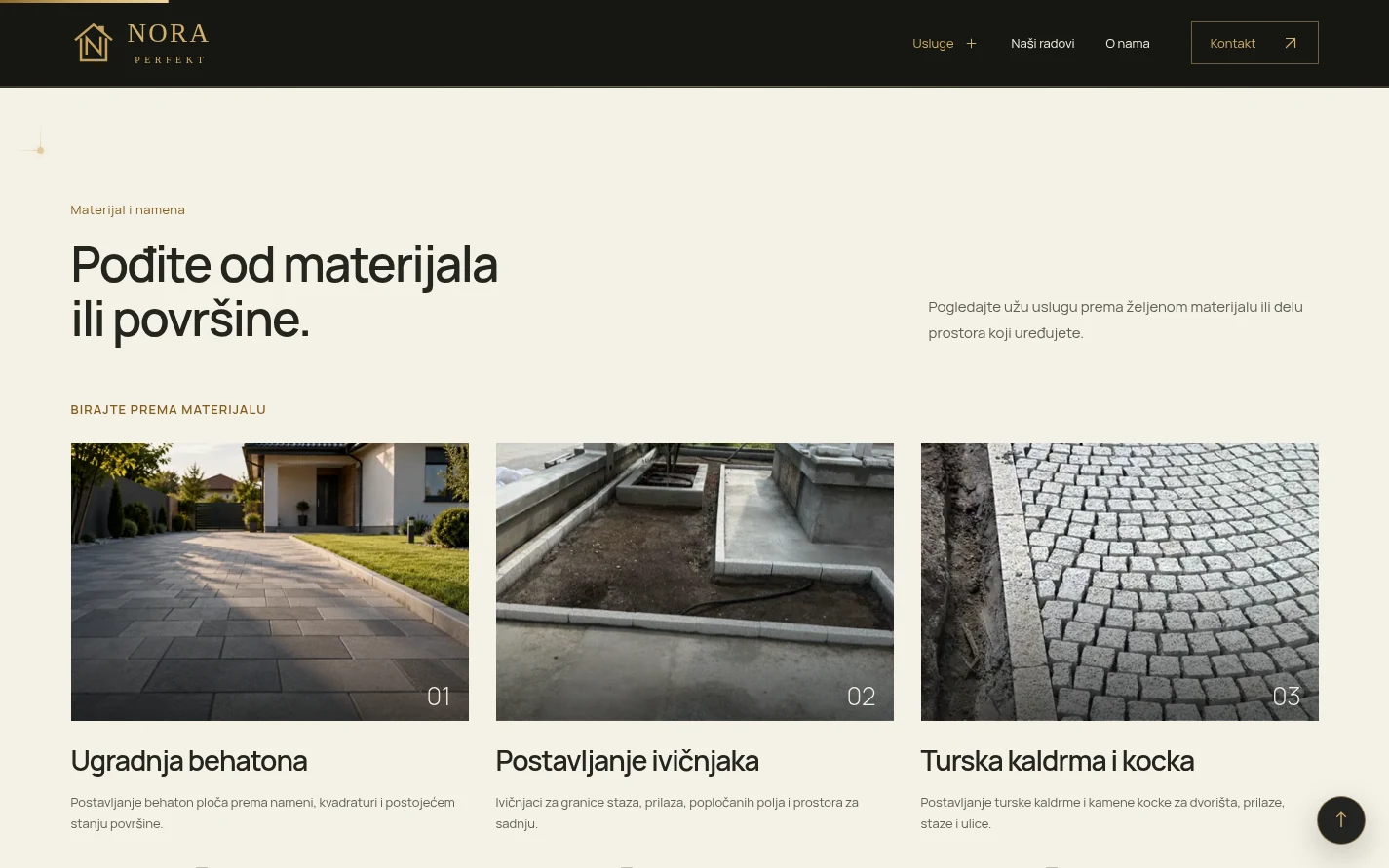 Strana o popločavanju sa izborom usluga po materijalu: behaton, ivičnjaci i turska kaldrma