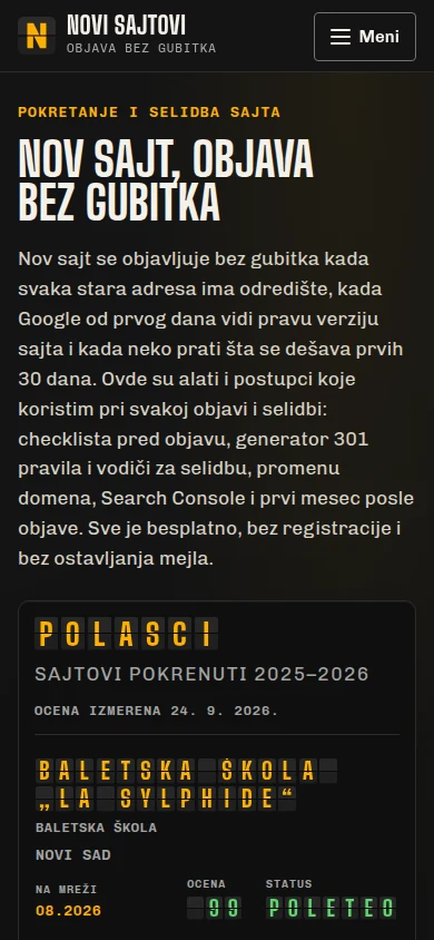 Naslovna strana sajta Novi sajtovi na telefonu