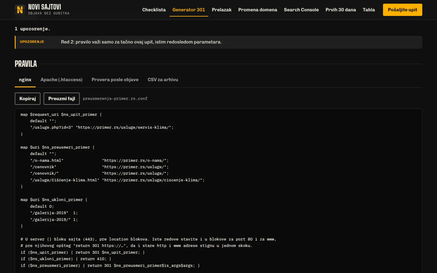 Generator 301 preusmerenja sa gotovim pravilima za nginx