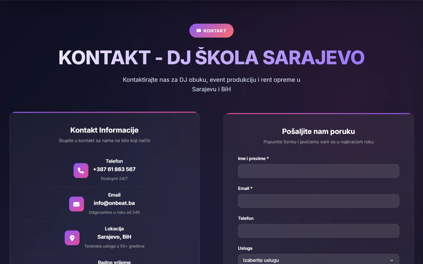 Kontakt deo sajta OnBeat.ba sa podacima za kontakt i formom za poruku