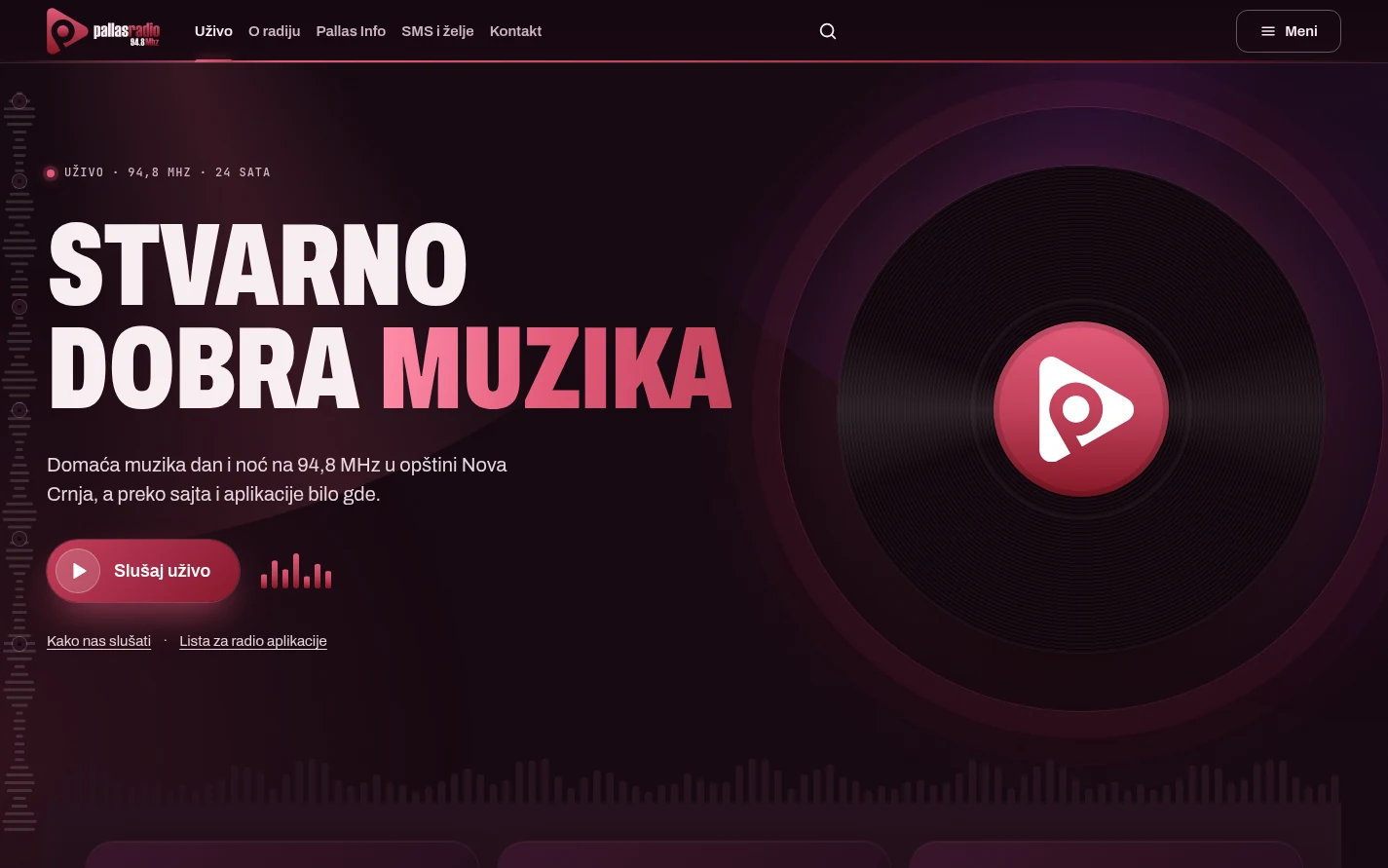 Naslovna strana sajta Pallas Radio sa sloganom Stvarno dobra muzika, dugmetom Slušaj uživo i gramofonskom pločom