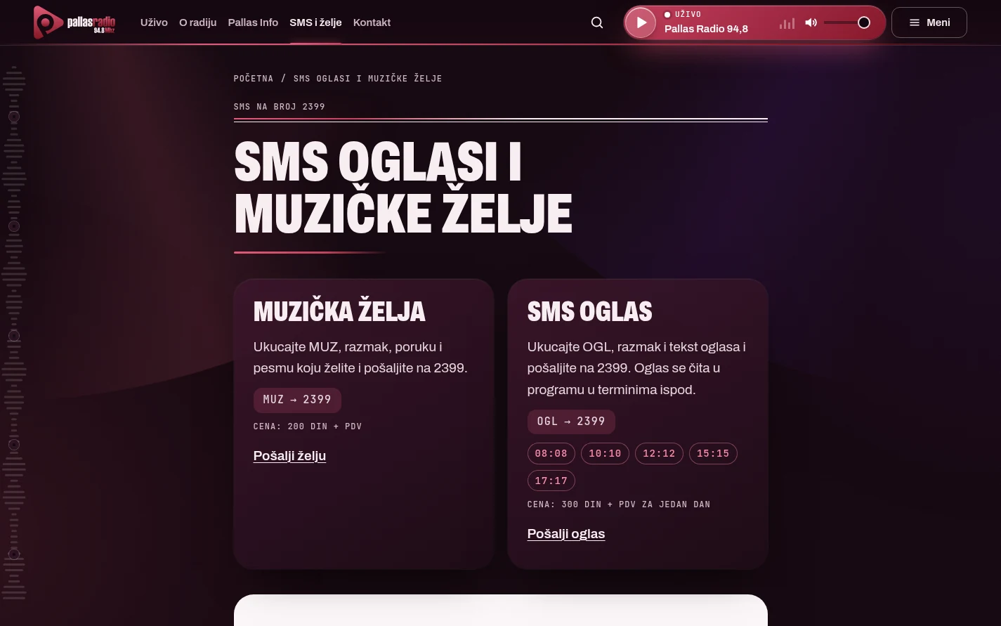 Strana SMS oglasi i muzičke želje na sajtu Pallas Radio sa uputstvom za slanje i terminima čitanja oglasa