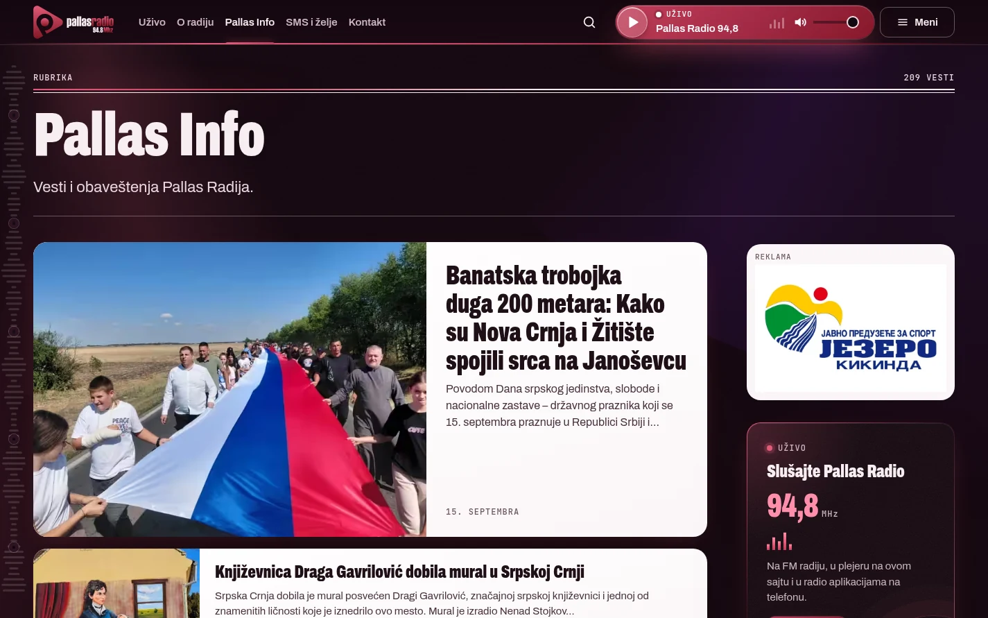 Rubrika Pallas Info sa vestima iz Nove Crnje, banerom sponzora i plejerom uživo
