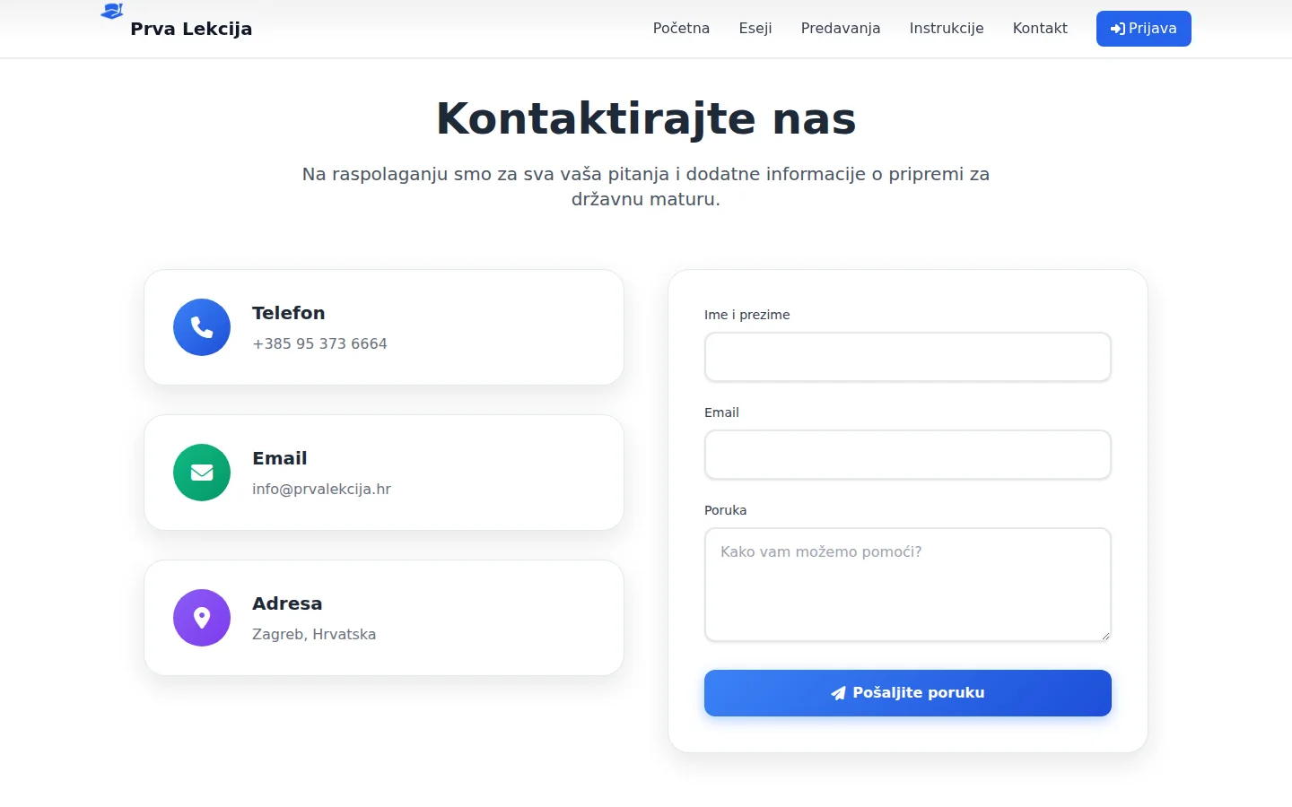 Kontakt sekcija sajta Prva Lekcija sa formom i podacima za kontakt