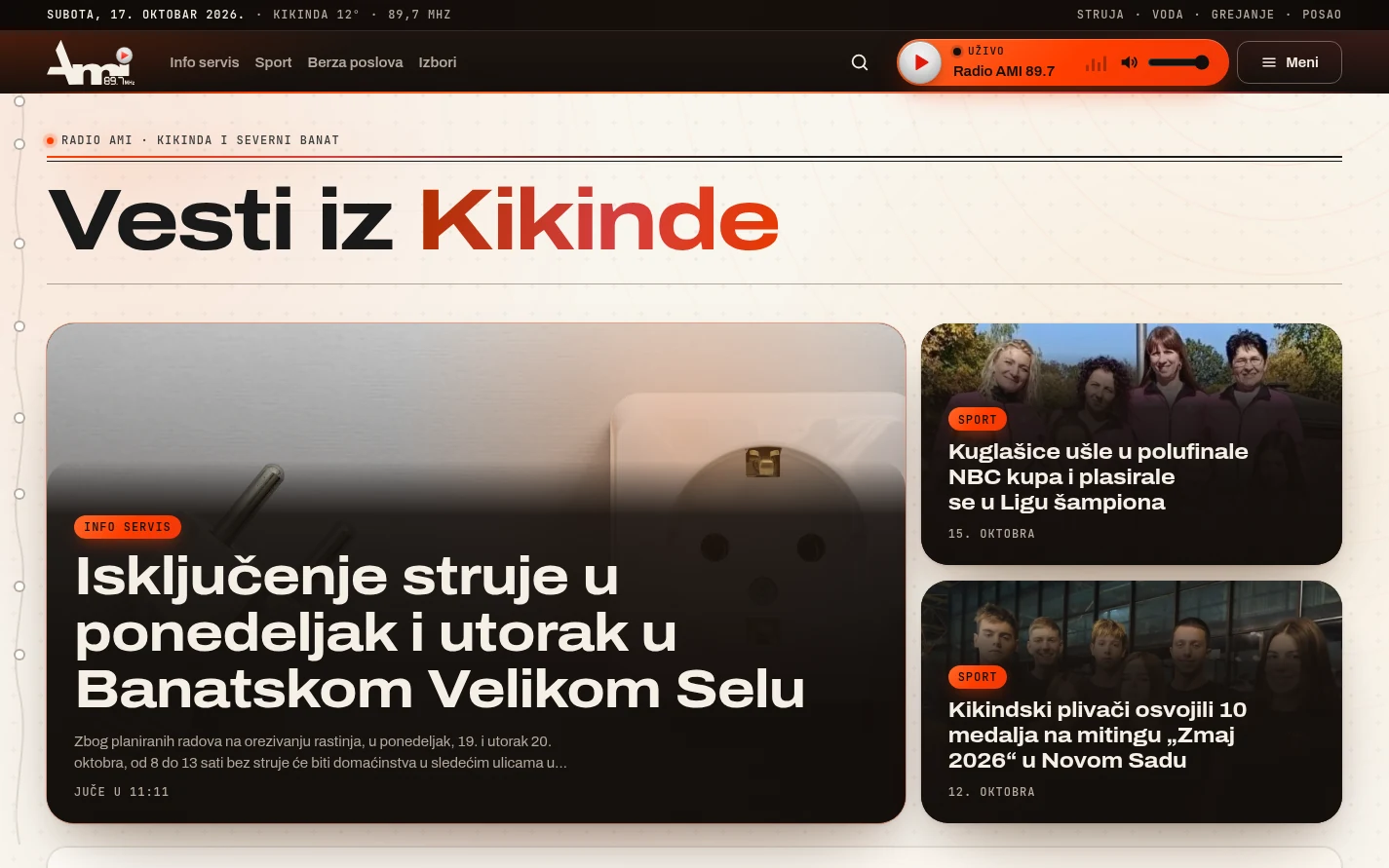 Naslovna strana portala Radio AMI sa naslovom Vesti iz Kikinde i plejerom uživo u zaglavlju