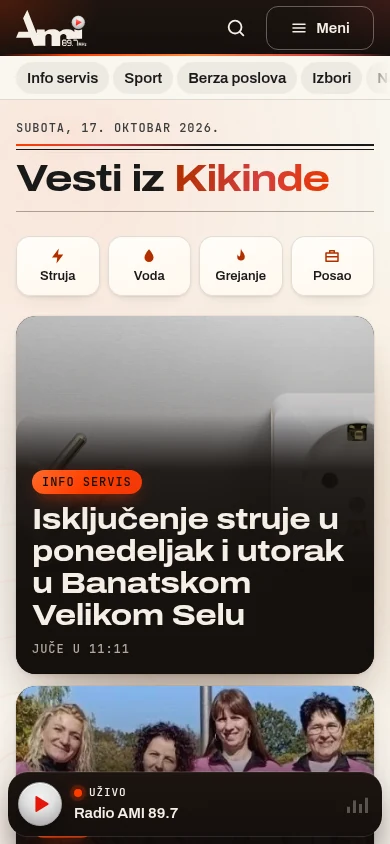 Naslovna strana portala Radio AMI na telefonu