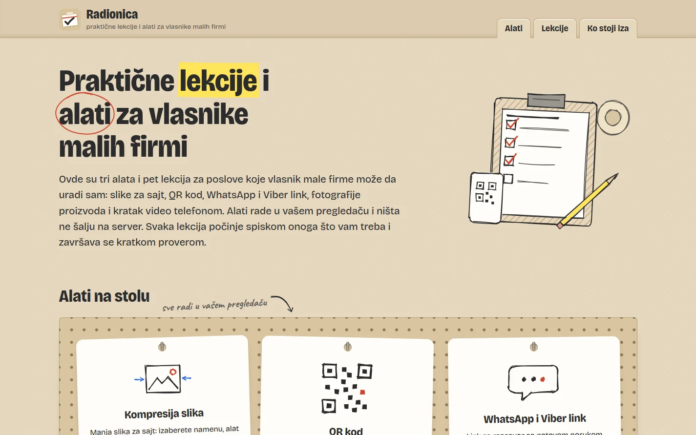Naslovna strana sajta Radionica sa naslovom Praktične lekcije i alati za vlasnike malih firmi