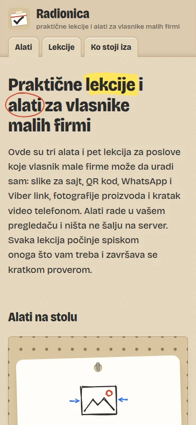 Naslovna strana sajta Radionica na telefonu