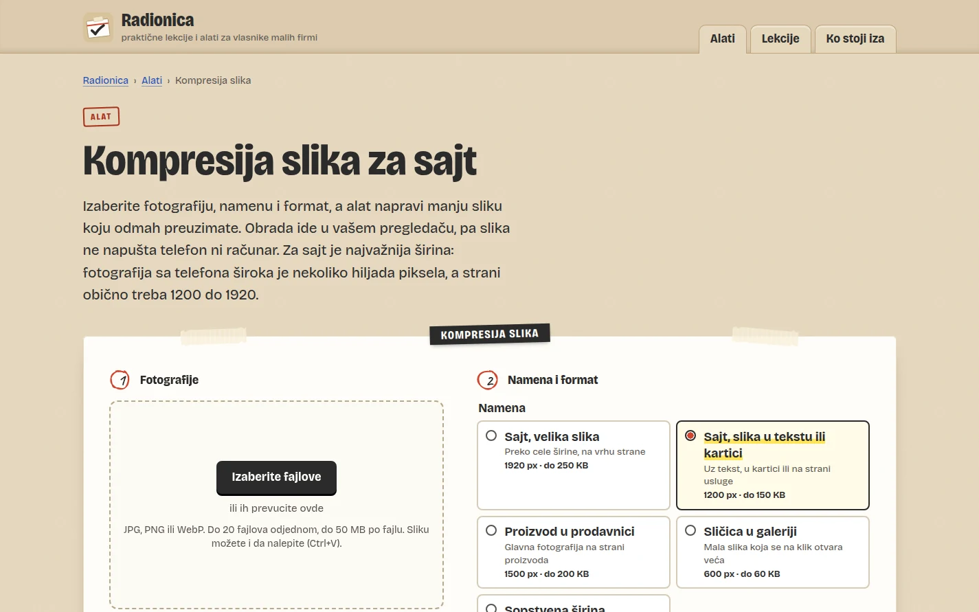 Alat za kompresiju slika sa izborom fotografija, namene i formata