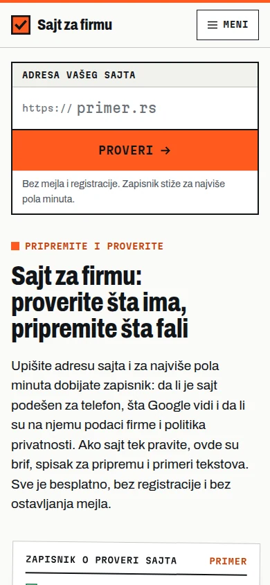 Naslovna strana sajta Sajt za firmu na telefonu