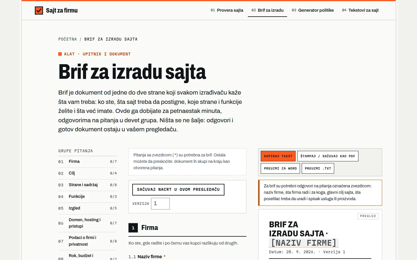 Brif za izradu sajta sa grupama pitanja i pregledom dokumenta