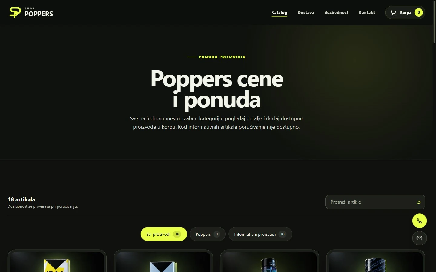 Katalog sajta Shop Poppers sa ujednačenim karticama proizvoda