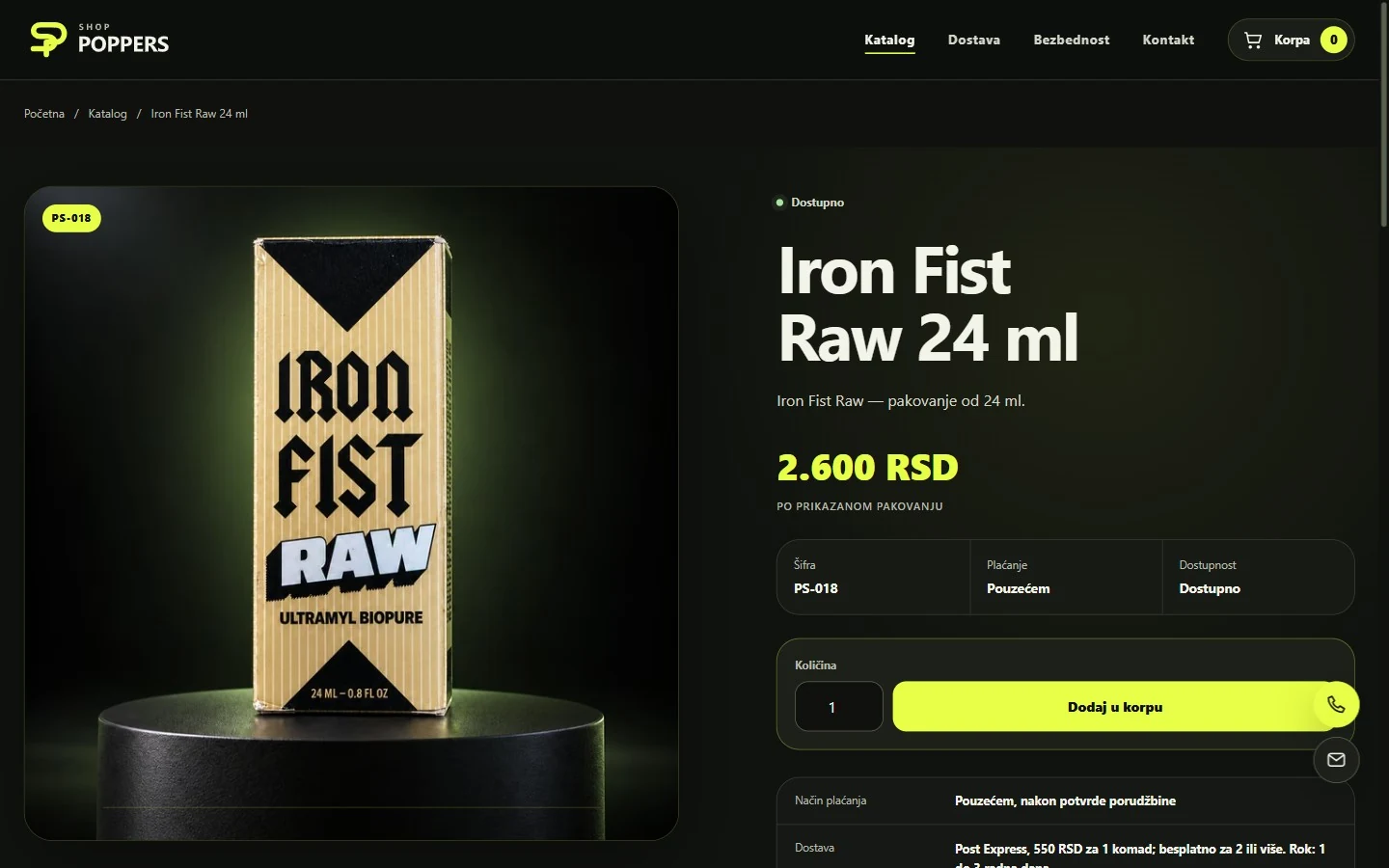 Stranica proizvoda Iron Fist Raw 24 ml na sajtu Shop Poppers