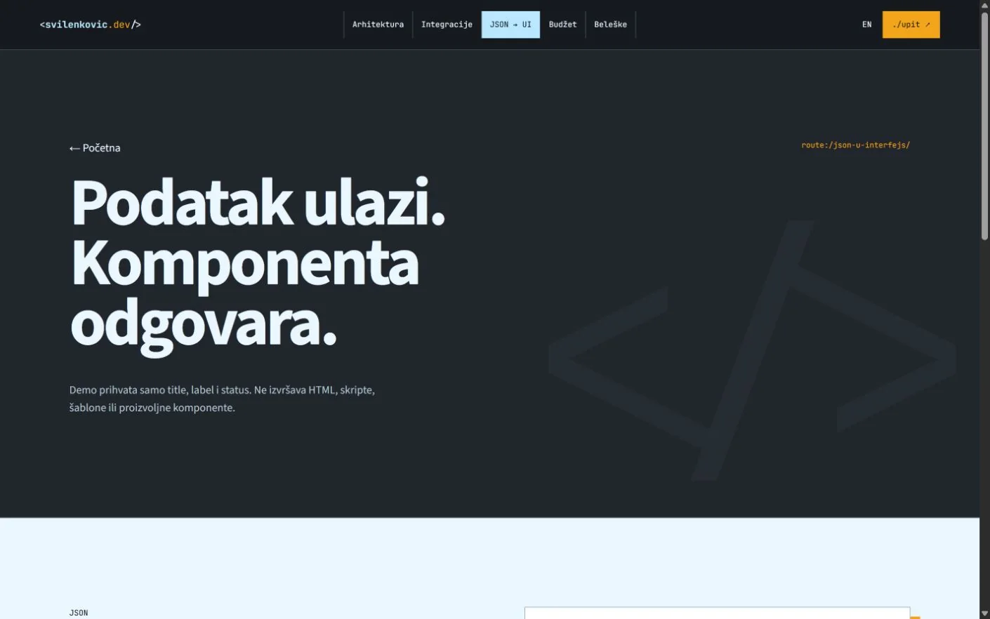 Unutrašnja strana JSON u interfejs na sajtu Svilenković Dev