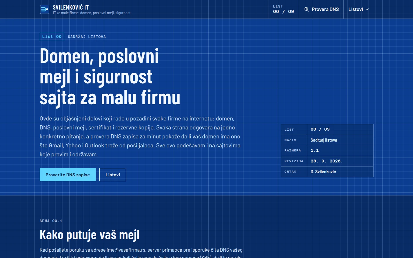Naslovna strana sajta Svilenković IT u stilu tehničkog nacrta, sa naslovom Domen, poslovni mejl i sigurnost sajta za malu firmu