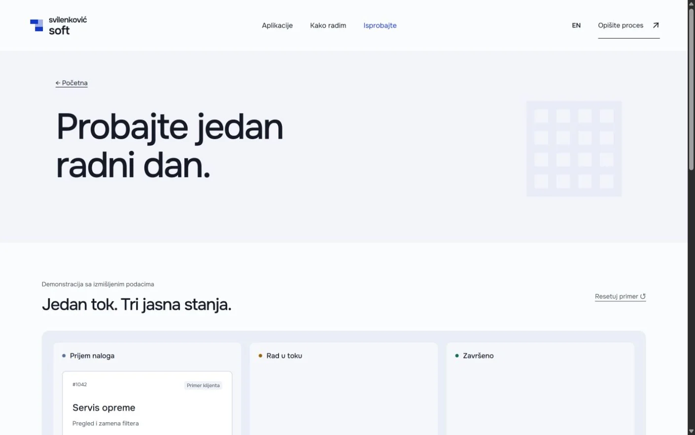 Unutrašnja strana Demo radnog naloga na sajtu Svilenković Soft