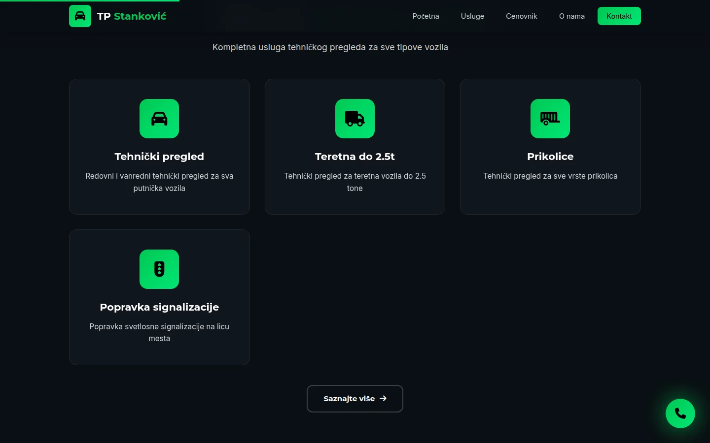 Sekcija sa uslugama tehničkog pregleda na sajtu Stanković