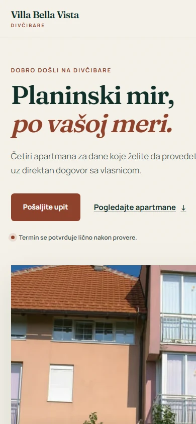 Naslovna strana sajta Villa Bella Vista na telefonu