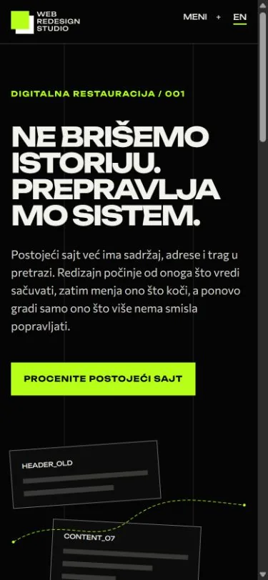 Naslovna strana sajta Web Redesign Studio na telefonu