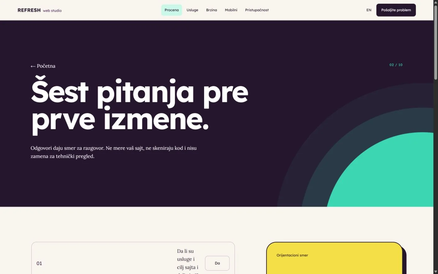 Unutrašnja strana Procena u šest pitanja na sajtu Web Refresh Studio