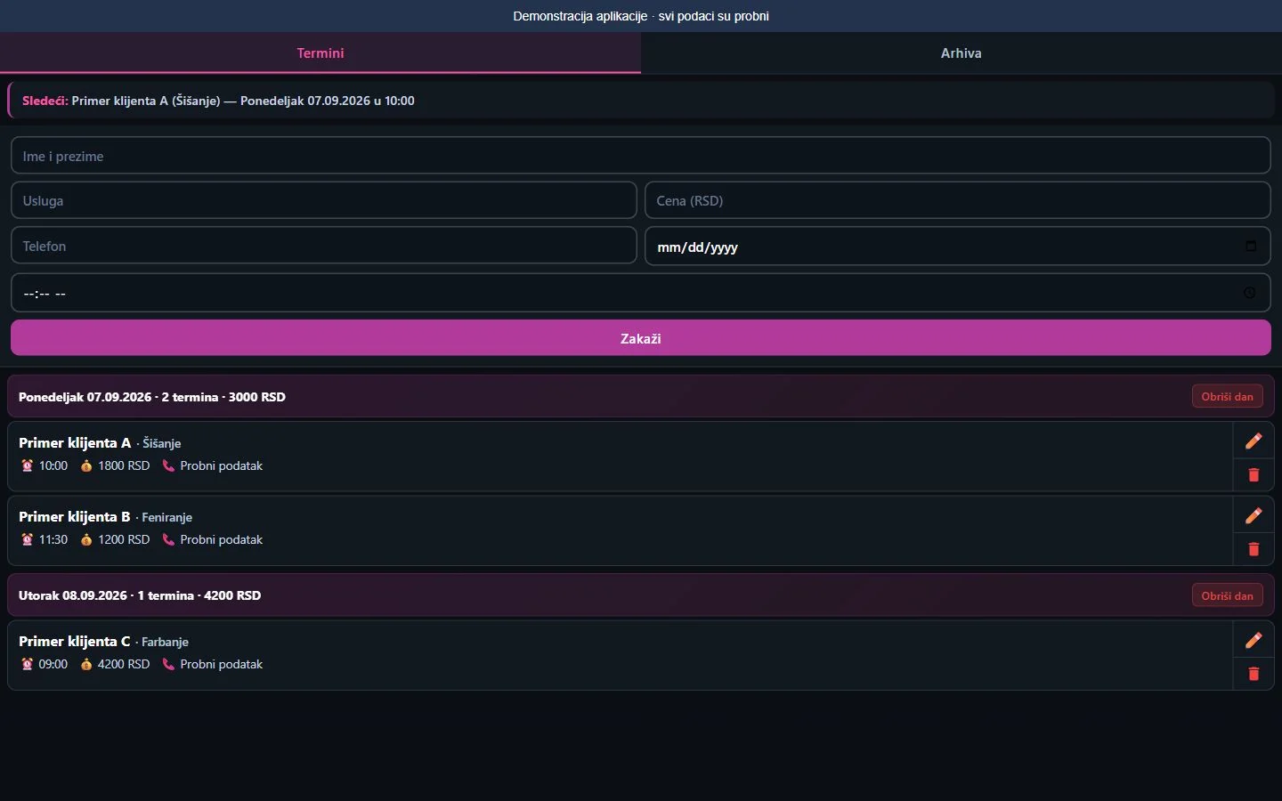 Pregled booking aplikacije za salon sa demonstracionim podacima