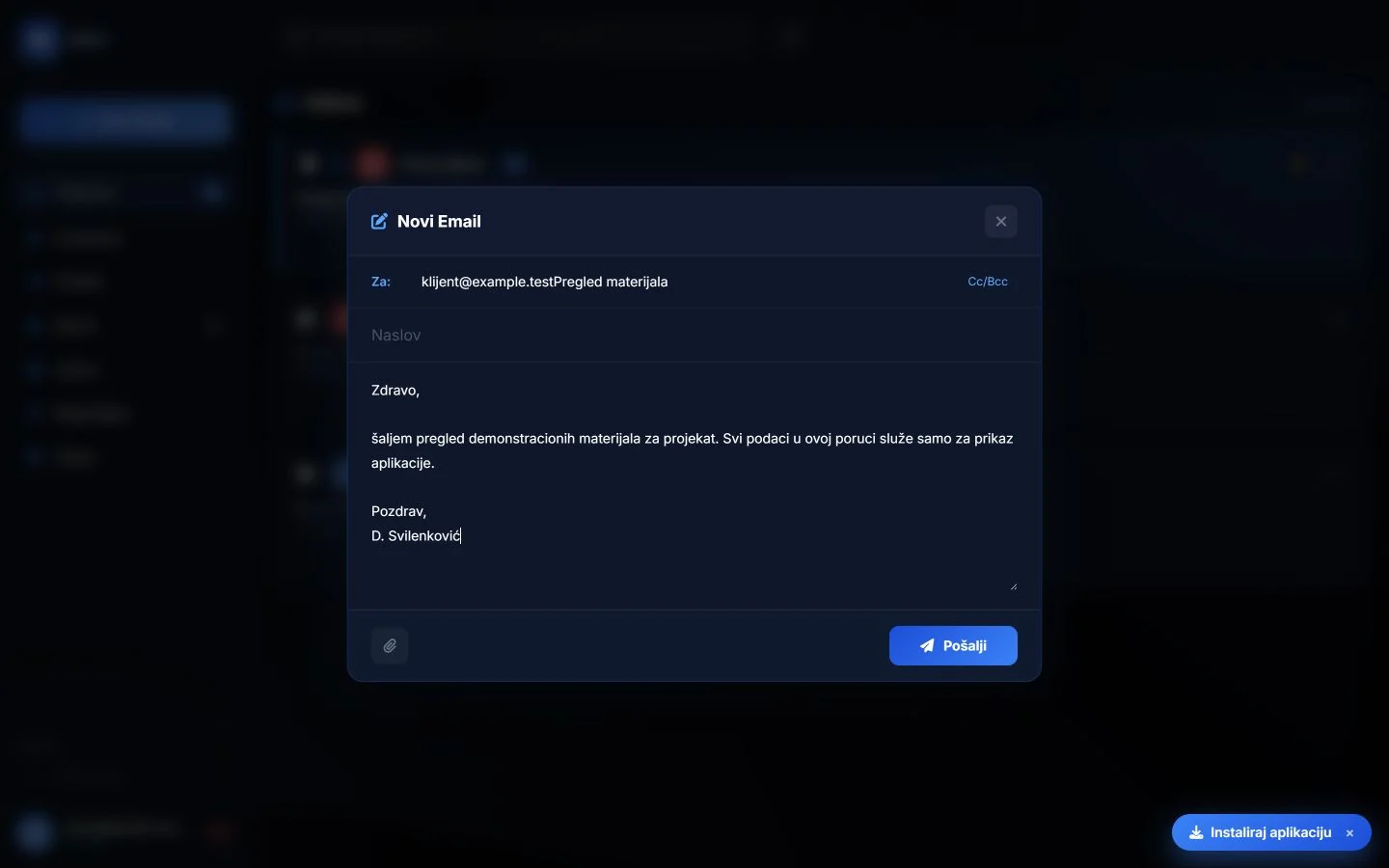 Desktop forma za pisanje probnog emaila
