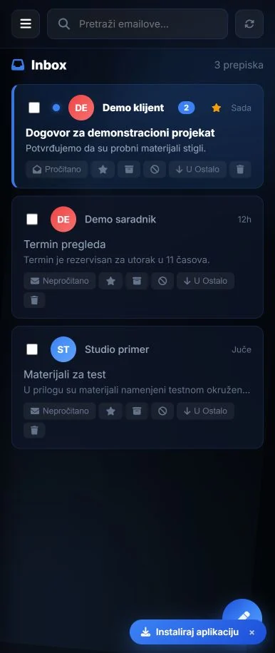 Mobilno prijemno sanduče Svilenković Mail sa probnim porukama